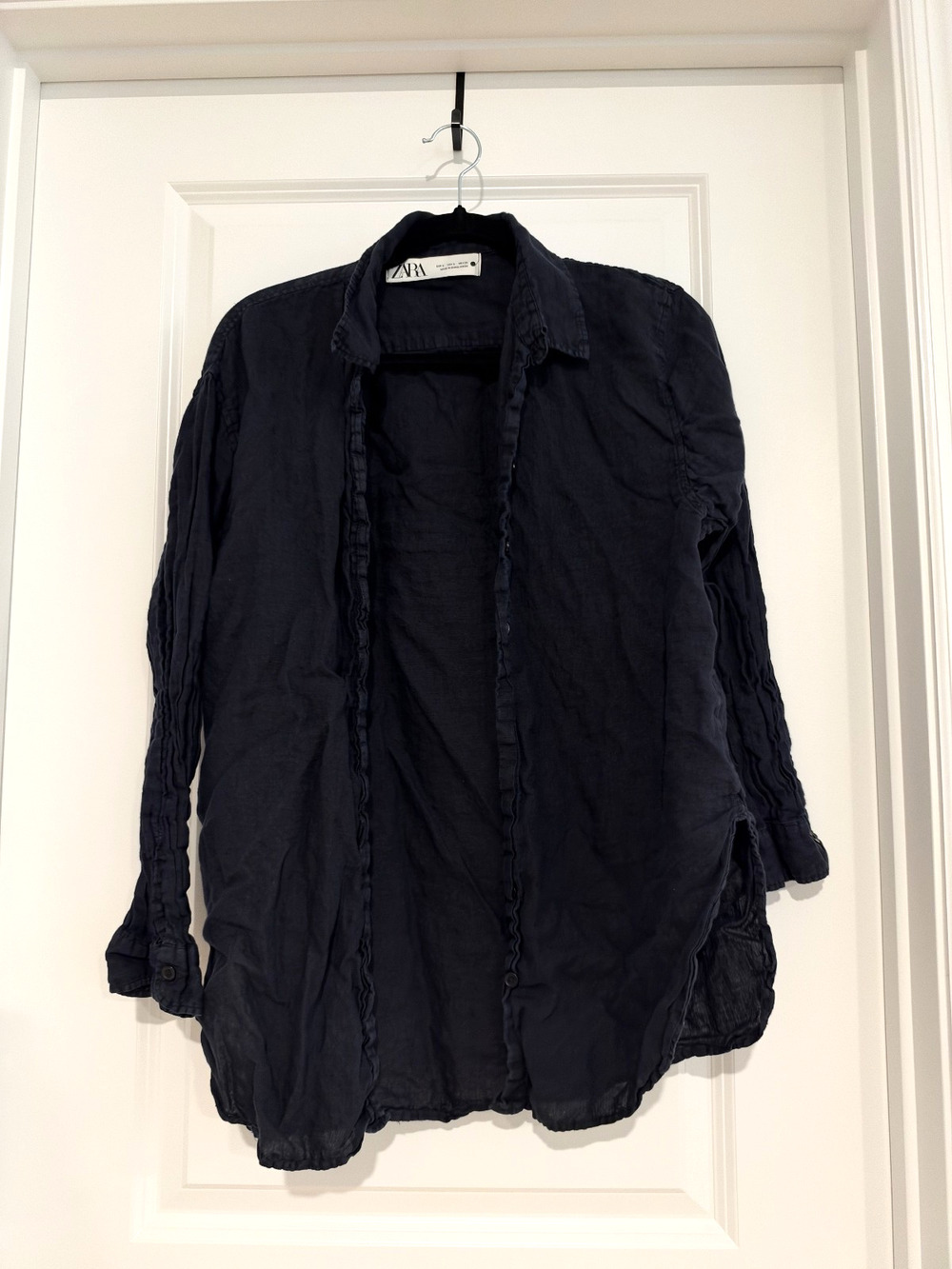 Zara Linen Shirt Womens Size Small Black Oversized Long Sleeve Button Down Top